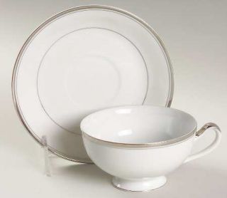 Seyei Silvermont Footed Cup & Saucer Set, Fine China Dinnerware   Platinum Trim,