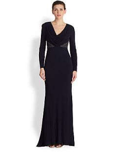 Badgley Mischka Jersey Dipped Back Gown   Navy