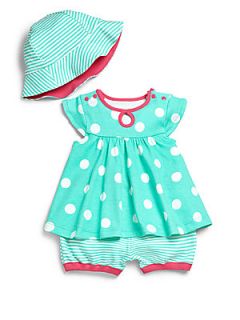 Offspring Infants Three Piece Aqua Dot Dress, Diaper Cover & Hat Set   Aqua