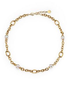 Majorica 10MM White Pearl Station Chain Link Necklace   Gold White