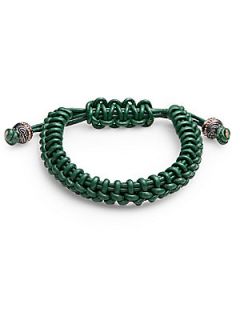 Woven Leather & Sterling Silver Slide Bracelet   Green