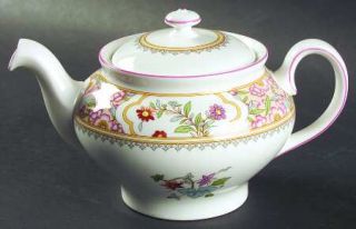 Minton Asian Flowers Teapot & Lid, Fine China Dinnerware   Pink/Tan Floral Borde