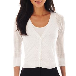 Worthington 3/4 Sleeve Cable Knit Cardigan Sweater, White, Womens