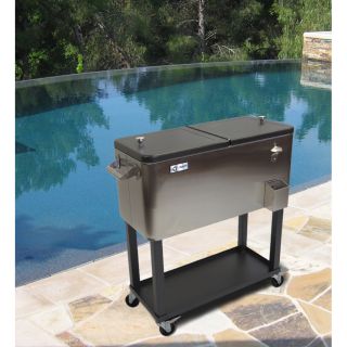 Trinity Stainless Steel Cooler With Shelf (BlackSet includes One(1) stainless steel coolerMaterials Stainless steel tub, dark bronze legs, lid, and shelfFinish Stainless steel and powder coated bronzeCapacity 80 quart/20 gallon/ 24 aluminum canDimensi