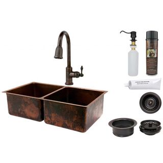 Premier Copper Products 50/50 Double Basin Sink With Pull Down Faucet Package (3.5 inchesHand madeFaucet detailsRetractable HoseSpout Extends Up To 8.44 inchesSpout Height 9.25 inchesSpout Reach 8.44 inchesSpout Swivel 360 Degrees Spray Options Strea
