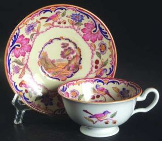 Spode Gobelin (Scalloped, Yellow Trim) Footed Cup & Saucer Set, Fine China Dinne