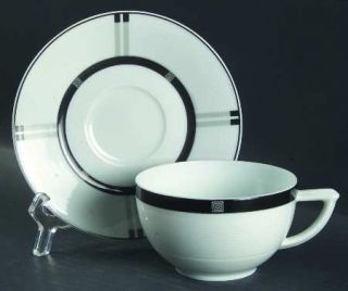 Bernardaud Wiener Flat Cup & Saucer Set, Fine China Dinnerware   Black,Gray & Wh