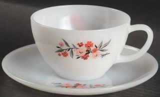 Anchor Hocking Primrose (Fire King) Cup and Saucer Set   White With Primrose Cen