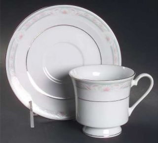 Crown Ming Coquille Footed Cup & Saucer Set, Fine China Dinnerware   Peach, Whit