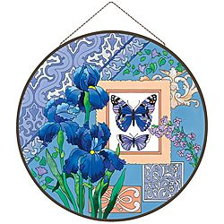 Joan Baker Hand painted Blue Butterflies and Irises Art Panel (Multi coloredMaterials Glass and metalPattern Blue Butterflies & IrisesGlass Hand paintedDimensions 21.5 inches long x 21.5 inches tall )