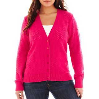LIZ CLAIBORNE 3/4 Sleeve Pointelle Knit Cardigan Sweater   Plus, Bright Rose,