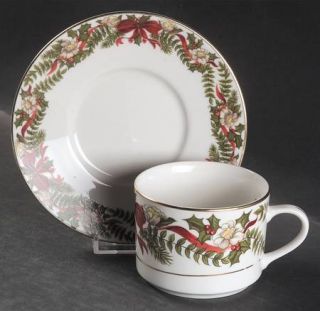 American Atelier Santa Flat Cup & Saucer Set, Fine China Dinnerware   Holly,Red