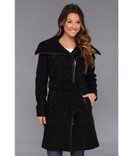 Cole Haan Asymmetrical Belted Mixed Media Coat Womens Coat (Black)