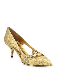 Dolce & Gabbana Jeweled Brocade Mid Heel Pumps   Gold