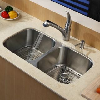 Kraus KBU22KPF2110SD20 32 inch Undermount Double Bowl Stainless Steel Kitchen Sink with Kitchen Faucet and Soap Dispenser