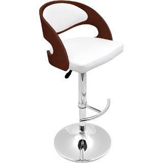 Cherry Bent Wood Modern Barstool (Cherry wood, white seatMaterials Wood, PU, foam padding, chromeHardware finish Chrome footrest, base and poleNumber of Stools OneAdjustable heightSeat dimensions 27 32 inches high x 18 inches wide x 16 inches deepDime
