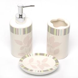 Waverly By Famous Home Wind Bath Accessory 3 piece Set (Off white/pinkMaterials CeramicDimensions Lotion/soap dispenser 7.5 inches high x 2.75 inches wide x 2.5 inches deepSoap dish 5 inches high x 3.75 inches wide x 1 inch deepToothbrush holder 5 in