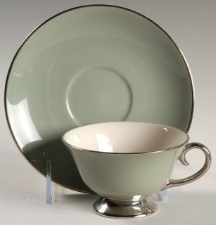 Flintridge Platinum Sage (Rim) Footed Cup & Saucer Set, Fine China Dinnerware  