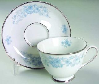 Gorham Trevianne Footed Cup & Saucer Set, Fine China Dinnerware   Blue Floral Ri