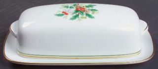 Noritake Holly 1/4 Lb Covered Butter, Fine China Dinnerware   Green & Gold Bands