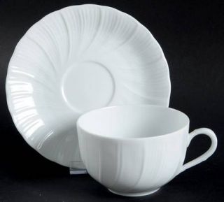 Bernardaud Palm Flat Cup & Saucer Set, Fine China Dinnerware   All White,Swirl E