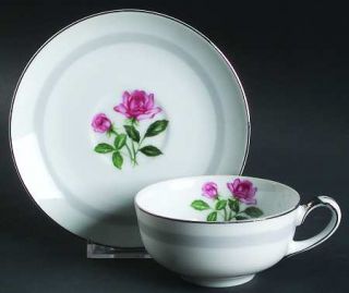 Monarch (Japan) Claudia Flat Cup & Saucer Set, Fine China Dinnerware   Pink Rose