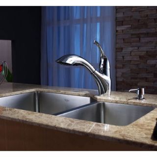 Kraus KHU12332KPF2210KSD30CH 32 inch Undermount Double Bowl Stainless Steel Kitchen Sink with Chrome Kitchen Faucet and Soap Dispenser