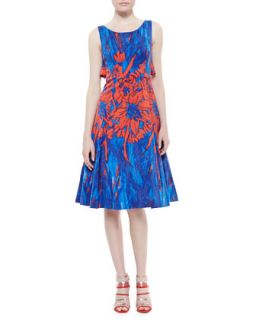 Womens Floral Printed Flyaway Dress, Blue/Scarlet   Tracy Reese