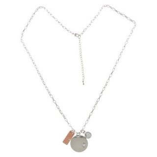 Long Chain Necklace with Rectangle and Circle Charms   Silver/Rose Gold/Crystal