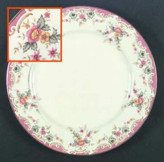 Mikasa Shelly Dinner Plate, Fine China Dinnerware   Pink Edge,Tan Scrolls,Multif