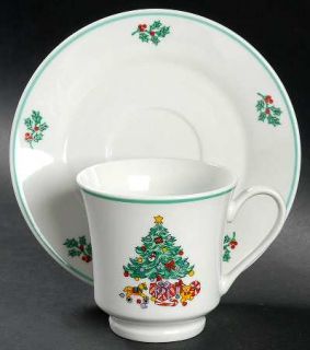 Gibson Designs Holly Tree Footed Cup & Saucer Set, Fine China Dinnerware   Green