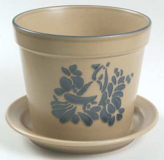 Pfaltzgraff Folk Art Flower Pot with Underplate, Fine China Dinnerware   Blue Fl