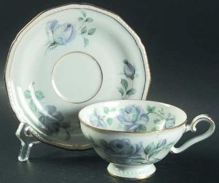 Royal Tettau Damask Rose Footed Cup & Saucer Set, Fine China Dinnerware   Blue/G