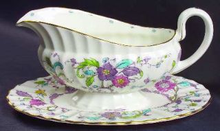 Royal Worcester Kashmir (Ribbed) Gravy Boat with Attached Underplate, Fine China