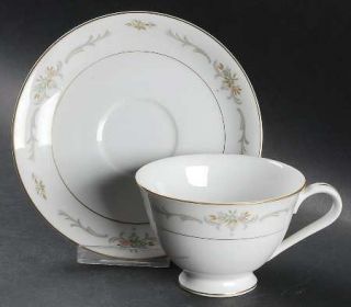 Three Castle Suzanne (Gold Trm) Footed Cup & Saucer Set, Fine China Dinnerware  