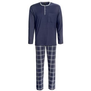 Calida Gian Henley Pajamas   Interlock Cotton  Long Sleeve (For Men)   DARK BLUE (XL )