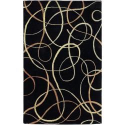 Hand knotted Black Contemporary Swirl Chatteris Semi worsted New Zealand Wool Abstract Rug (26 X 10
