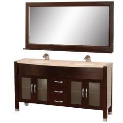 Wyndham Collection Daytona Espresso 63 inch Solid Oak Double Bathroom Vanity (Espresso, top ivory marbleNumber of drawers 3Number of doors 4Faucet not includedCabinet dimensions 33 1/2 inches high x 63 inches wide x 22 inches deepMirror dimensions 32 