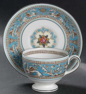 Wedgwood Florentine Turquoise Fruit Center,White Leigh Shape Footed Cup & Saucer