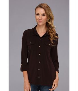 Jones New York 3/4 Roll Up Sleeve Collar Shirt Womens Long Sleeve Button Up (Brown)