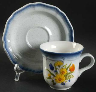 Mikasa Garden Treasures Flat Cup & Saucer Set, Fine China Dinnerware   Blue Rim,
