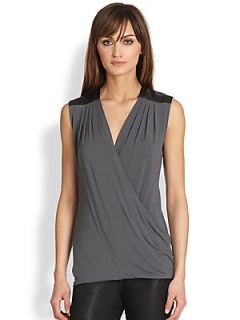 Bailey 44 Leather Trimmed Wrap Effect Tank   Grey Black