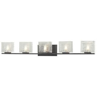 Jaol Bronze 5 light Vanity Light With Clear Glass (SteelSetting IndoorFixture finish BronzeShades GlassNumber of lights Five (5)Requires five (5) 75 watt G9 bulbs (included)Dimensions 5.625 inches high x 39.75 inches wide x 3.75 inches deepThis fixtu