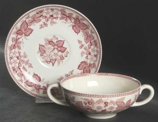 Wedgwood Bramble Pink (Plain Edge) Flat Cream Soup Bowl & Saucer Set, Fine China