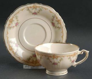 Syracuse Wardell Footed Cup & Saucer Set, Fine China Dinnerware   Tan Scrolls,Pi