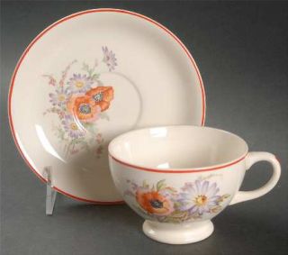  Poppy Footed Cup & Saucer Set, Fine China Dinnerware   Orange & Blue Flora