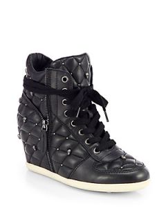 Ash Brooklyn Studded Leather Wedge Sneakers   Black