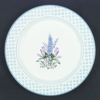 Delphinium Dinner Plate, Fine China Dinnerware   Blue/White Lattice Rim,Floral C