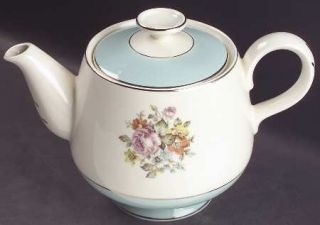 Cunningham & Pickett Danube Teapot & Lid, Fine China Dinnerware   Aqua Rim, Flor