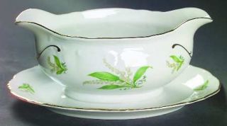 Treasure Chest Lily Of The Valley Gravy Boat with Attached Underplate, Fine Chin